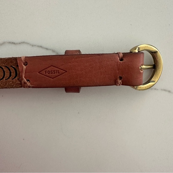 Vintage Fossil Perforated Genuine Leather Belt Brown with Round Brass Buckle S main image 5